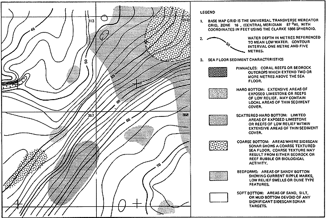 Sample plot of bathymetry and seafloor sediment characteristics.