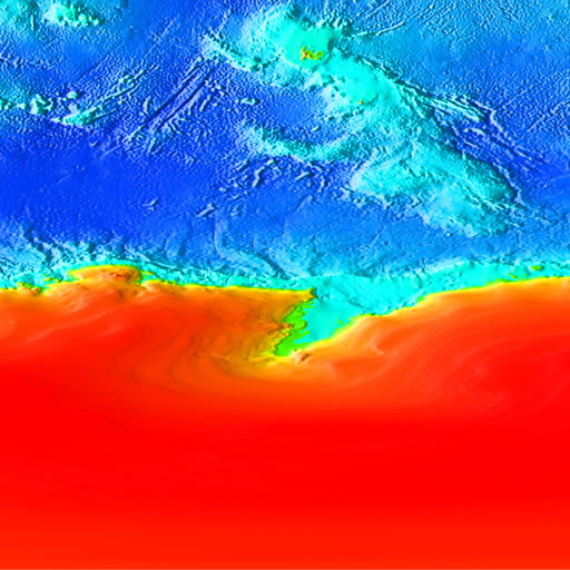 color shaded relief image, 45 degree square area of latitude/longitude centered on 45 South 45 East