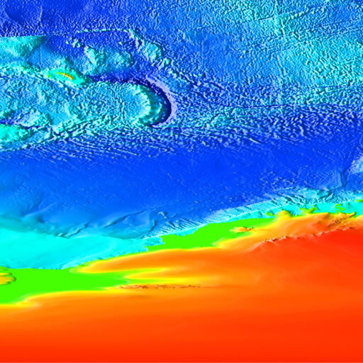 color shaded relief image, 45 degree square area of latitude/longitude centered on 45 South 45 West