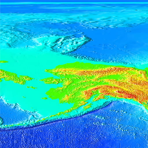 color shaded relief image, 45 degree square area of latitude/longitude centered on 90 North 180 West